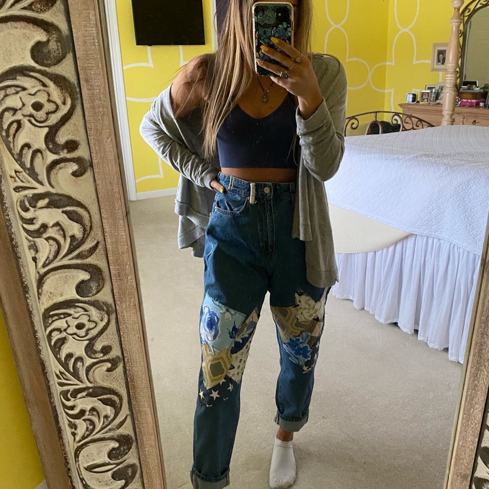 Handmade patterned and patched jeans